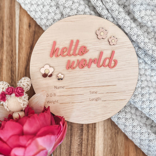 Hello World Plaque with Flowers